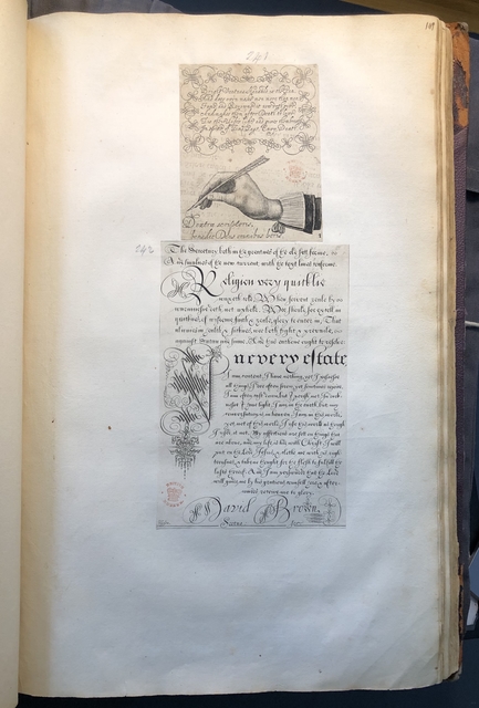 Photograph of printed writing specimens pasted into an album assembled by John Bagford