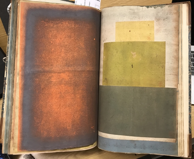 Photograph of a colored papers pasted into a large volume of specimens