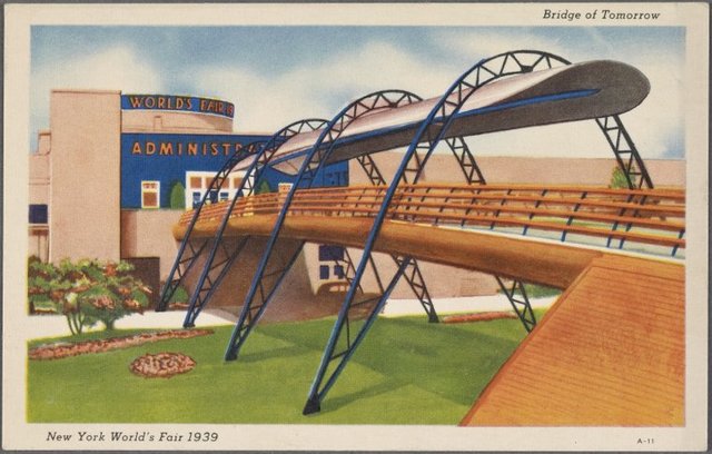 Postcard showing a drawing of the "Bridge of Tomorrow" at the 1939 New York World's Fair.