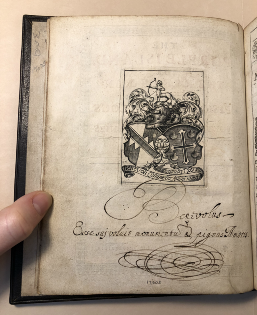 Benlowes’s inscription in a “large paper” copy of The Purple Island, reading: “Benevolus - Esse suj voluis monumentum & pignus Amoris.”