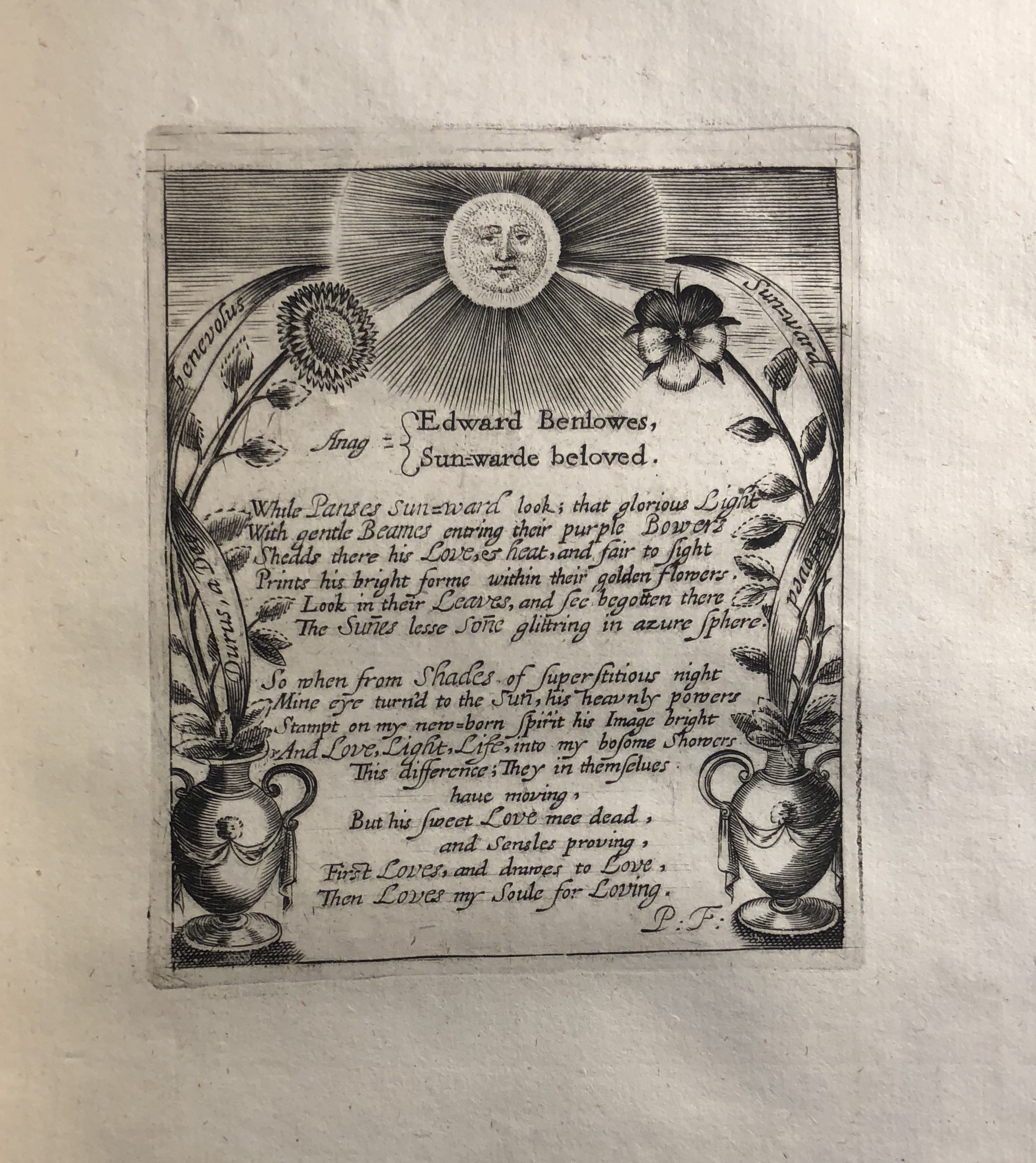 Engraving showing a pansy and sunflower reaching for the sun with verses signed “P. F.” Printed after the internal title page to Piscatorie Eclogs.