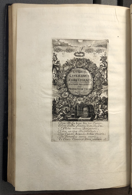 Photograph of a plate that looks like a title page for a work, Ludus Literarius Christianus, Anthreno-Tripsis seu Crabronum Tritura.