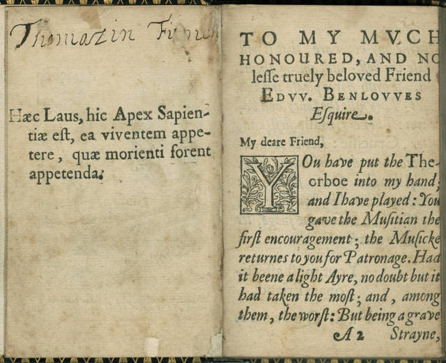 Full page opening from Francis Quarles’s Emblemes showing an ownership mark and the beginning of the dedicatory letter.