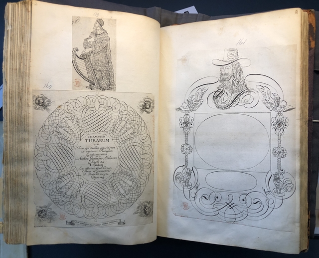 Photograph of calligraphic designs pasted into an album assembled by John Bagford