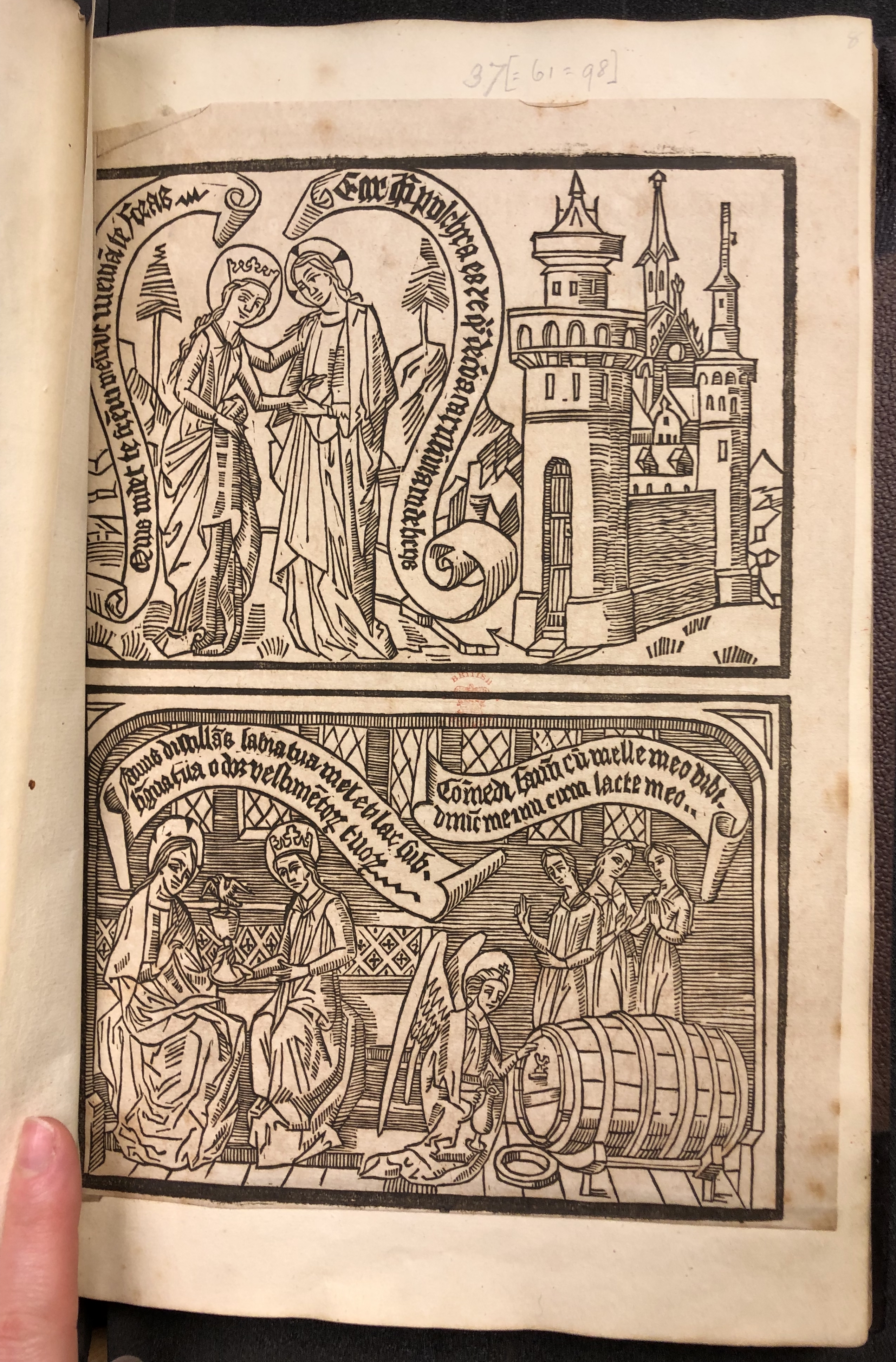 Photograph of blockbook facsimiles pasted in one of John Bagford's albums of scraps