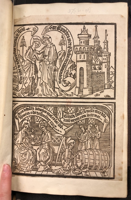 Photograph of blockbook facsimiles pasted in one of John Bagford's albums of scraps