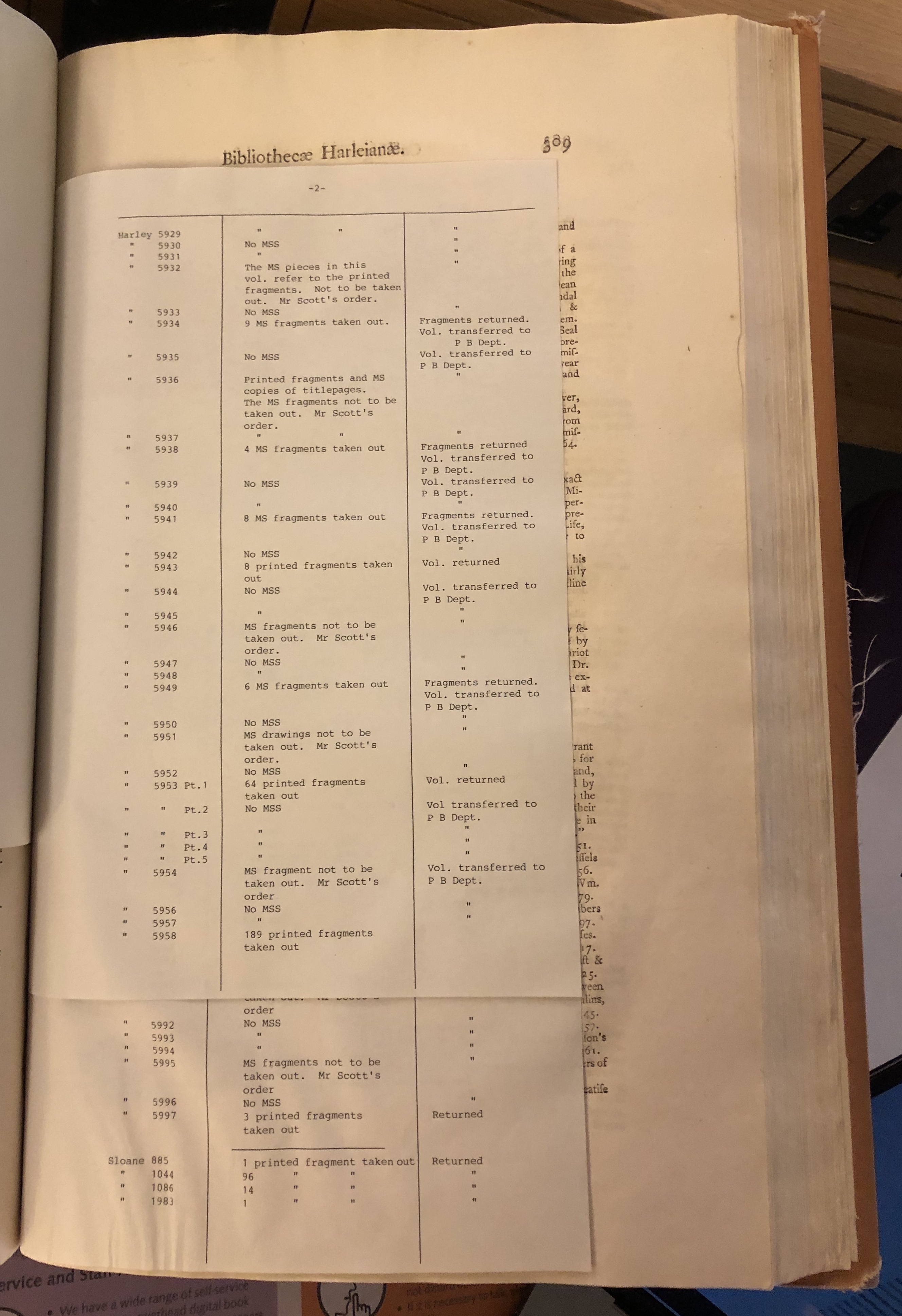 Photograph of a page inserted in the reading room copy of the catalogue of Harley manuscripts (1808), listing fragments removed