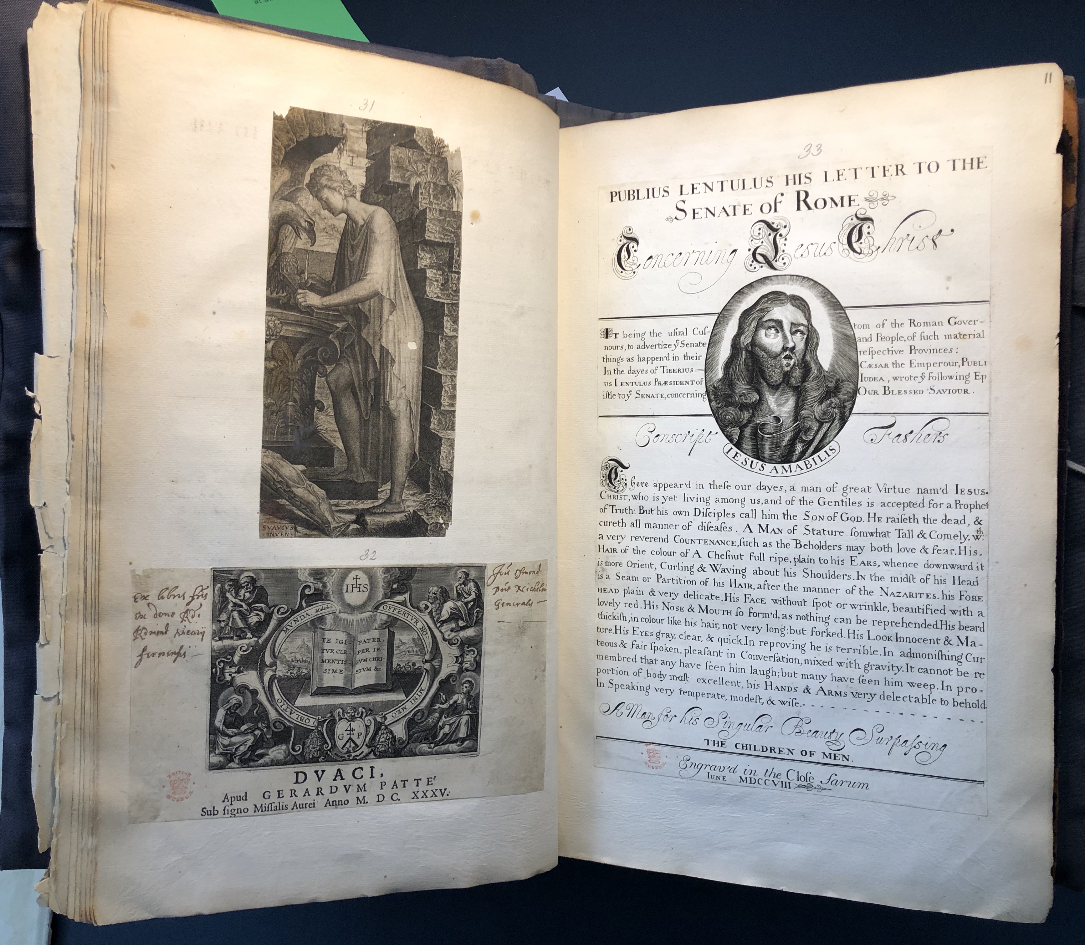 Photograph of images of reading and the Letter of Lentulus pasted into an album assembled by John Bagford