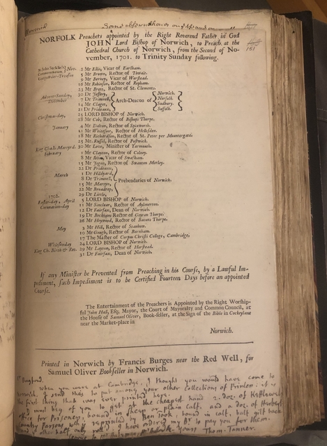 Photograph of annotated specimen of Norwich printing sent by Thomas Tanner to John Bagford.