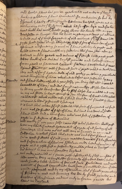 Photograph of a draft of letter to Hans Sloane in John Bagford's hand, discussing his proposed history of printing
