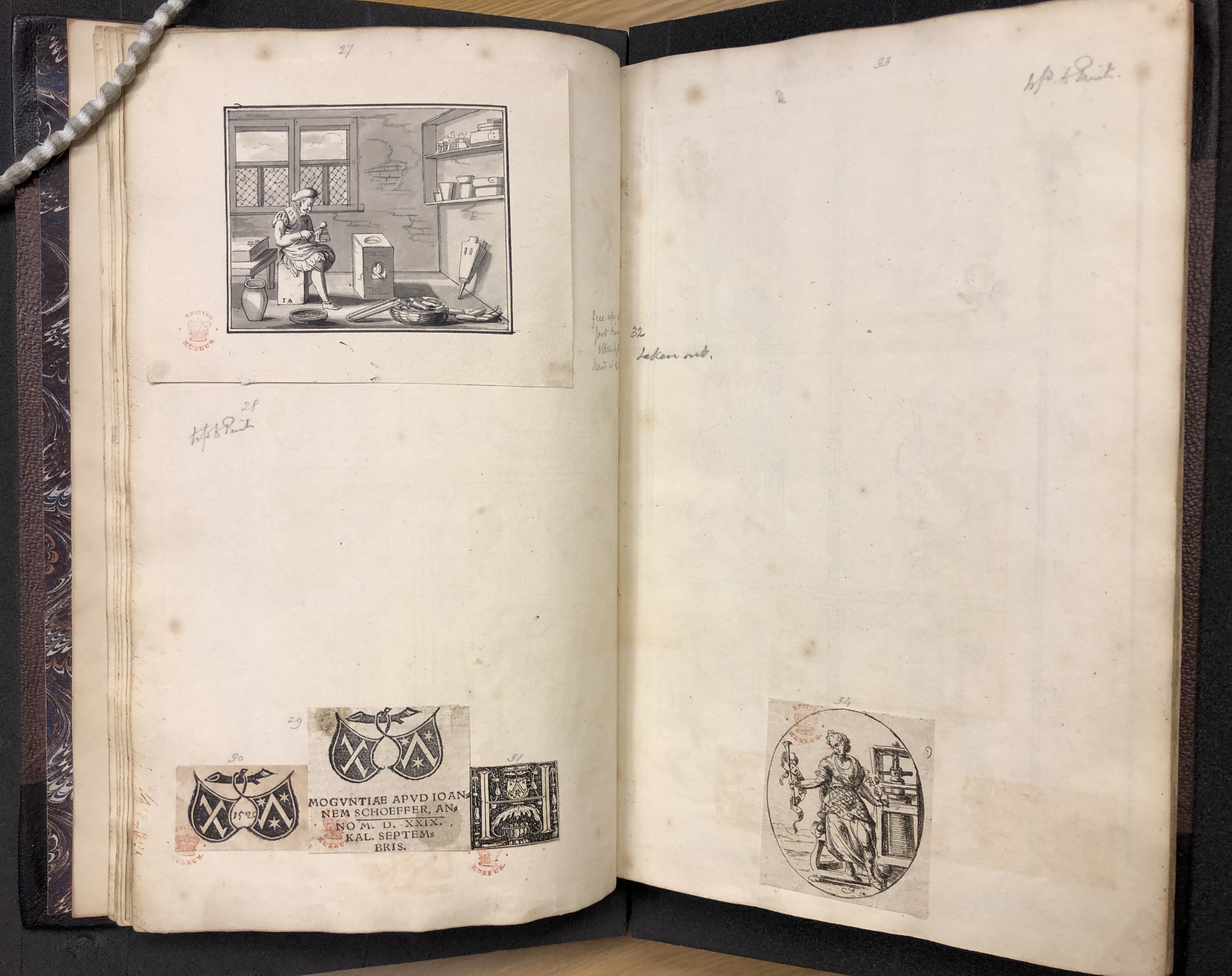 Photograph of specimens related to typecasting pasted in one of John Bagford's albums of scraps