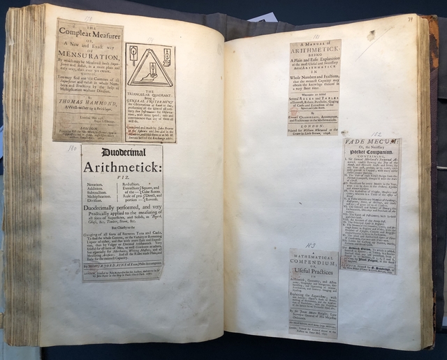 Photograph of pages from arithmetic books pasted into an album assembled by John Bagford