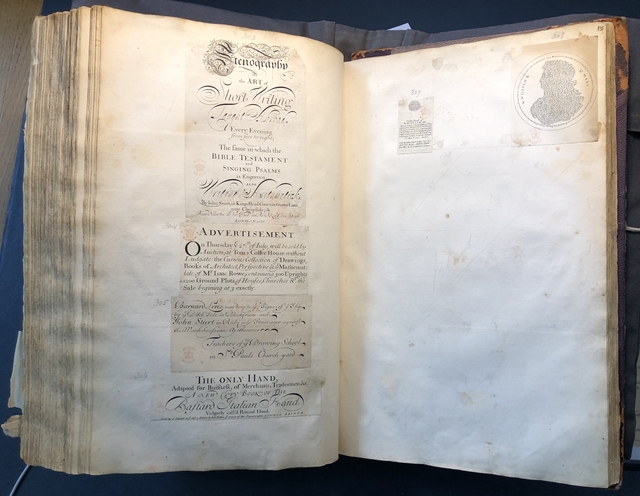 Photograph of stenography advertisements pasted into an album assembled by John Bagford