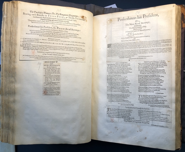 Photograph of pages from accounting books pasted into an album assembled by John Bagford