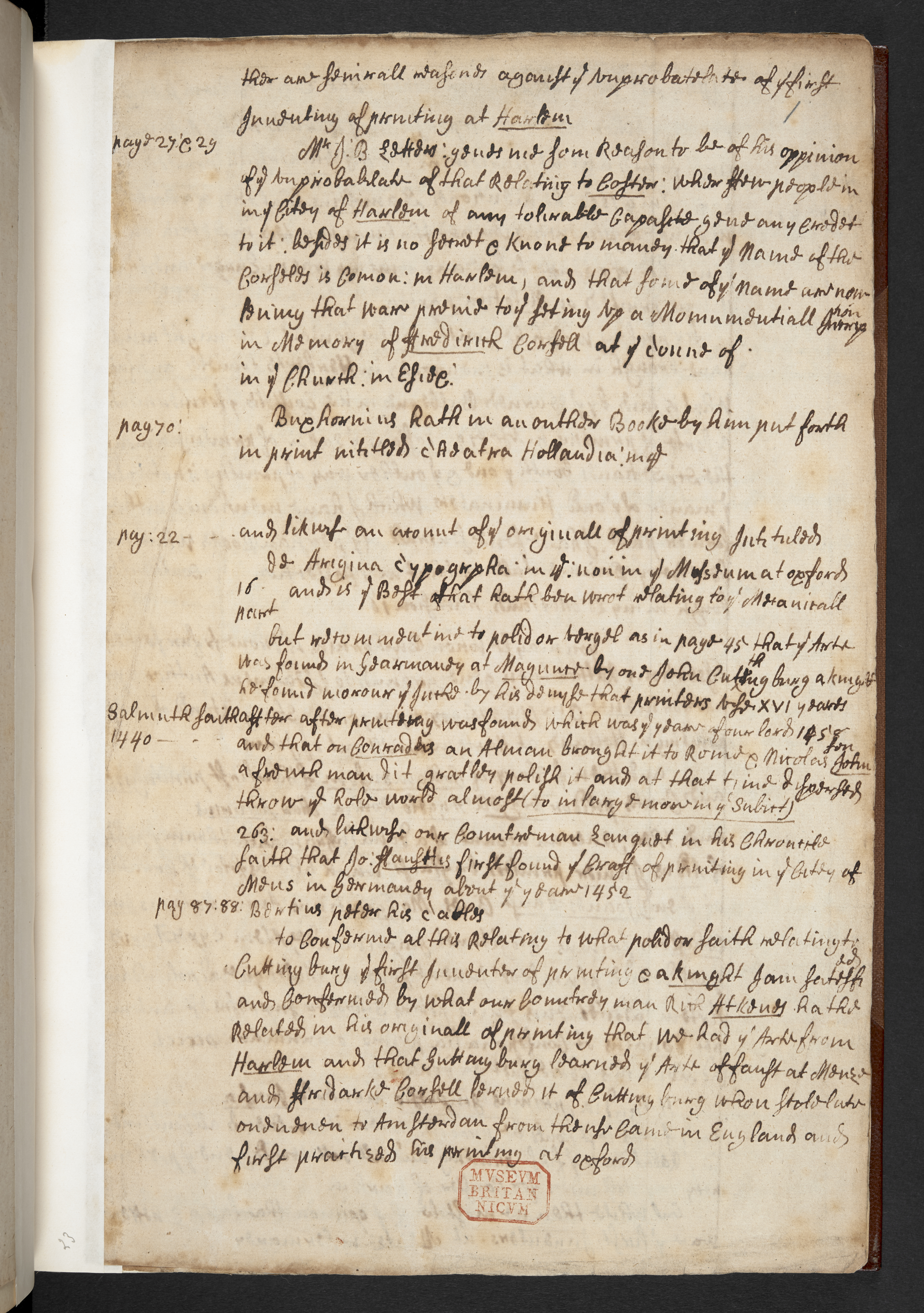 Photograph of John Bagford's handwritten notes, showing how he copied passages from other books