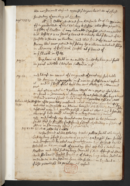 Photograph of John Bagford's handwritten notes, showing how he copied passages from other books