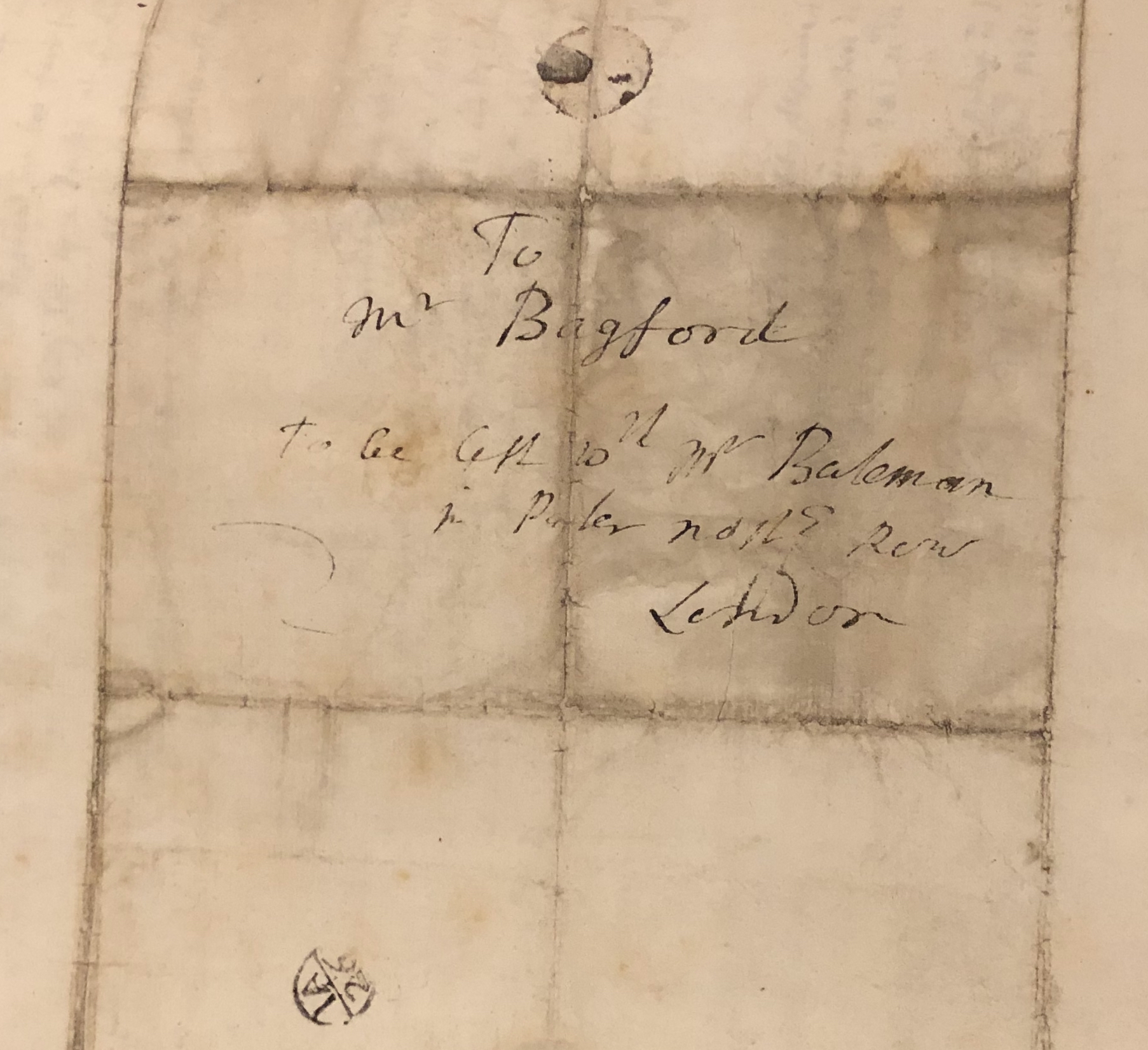 Photograph of a superscription on a letter sent to John Bagford at Bateman's bookshop