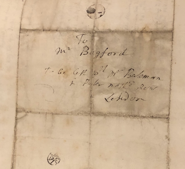 Photograph of a superscription on a letter sent to John Bagford at Bateman's bookshop