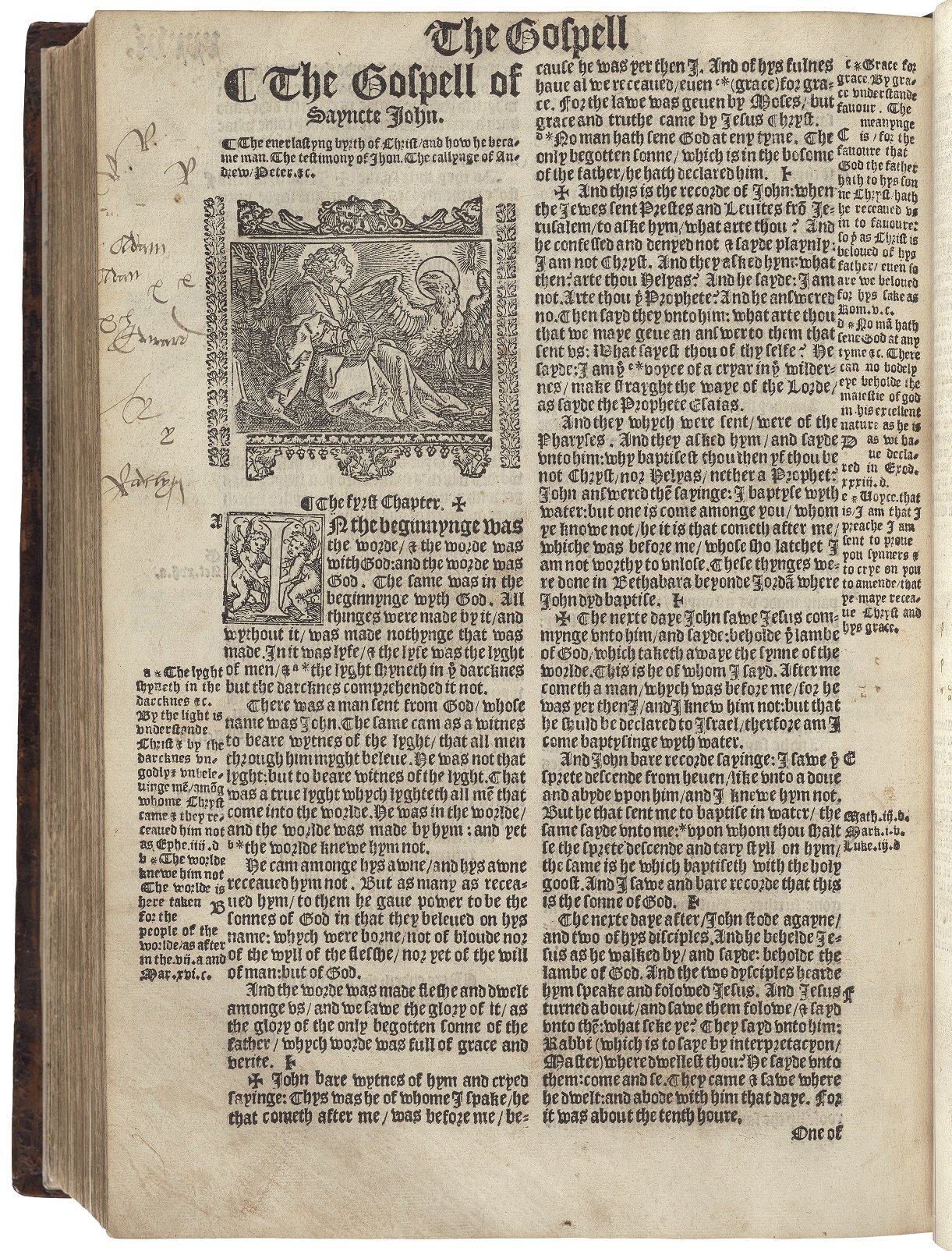 Photograph of a page from Coverdale's bible showing a woodcut of the evangelist John, also pasted in one of Bagford's albums