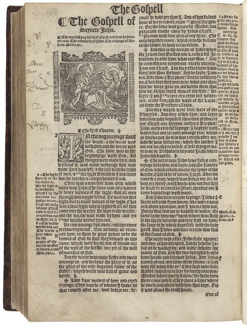 Photograph of a page from Coverdale's bible showing a woodcut of the evangelist John, also pasted in one of Bagford's albums