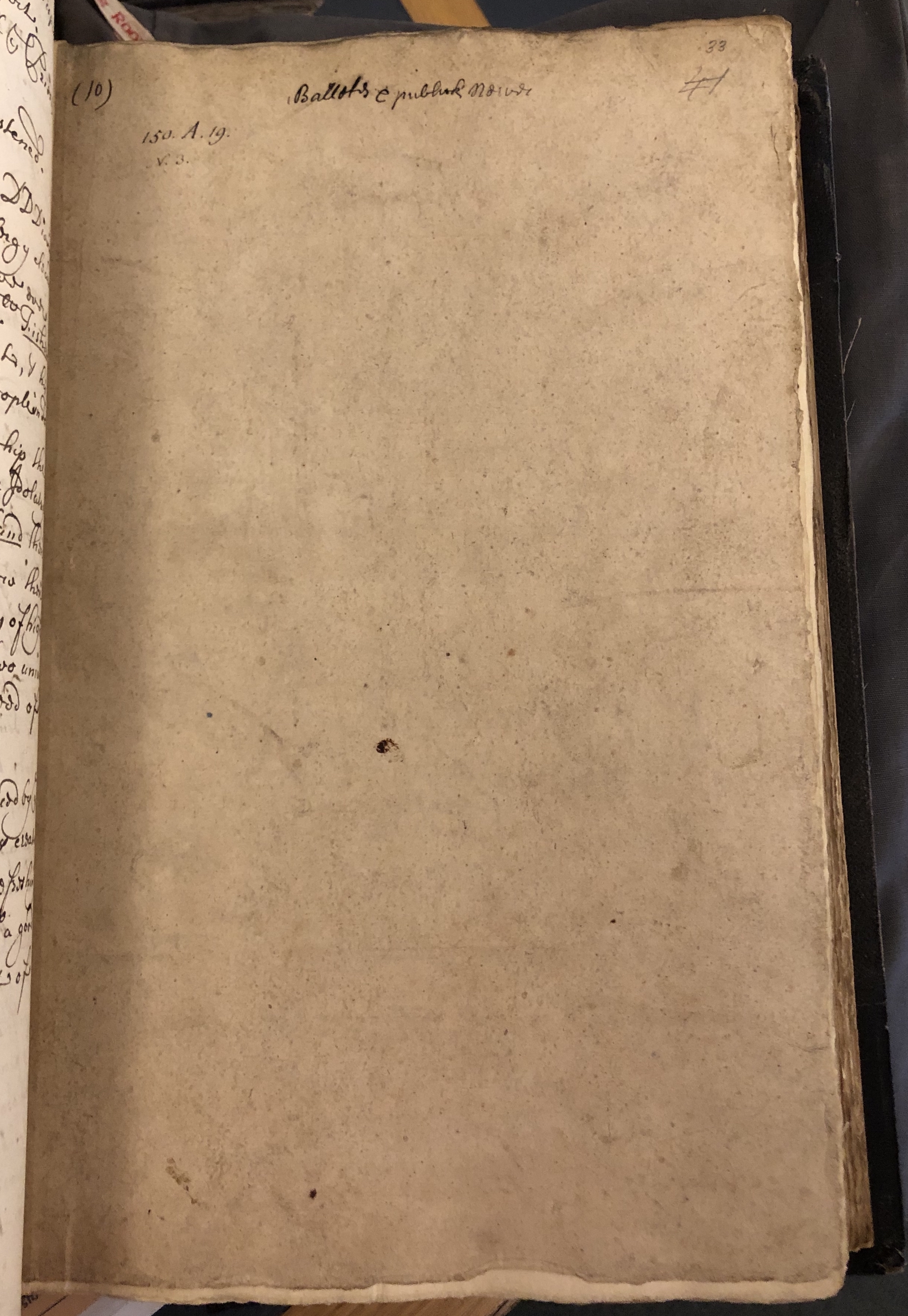 Photograph of a pasteboard cover bound in John Bagford's manuscript of notes