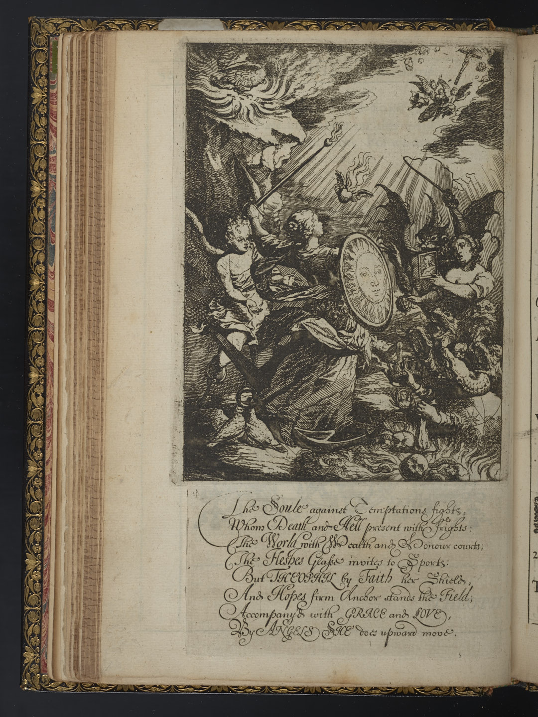 Photograph of etching for Canto 4, showing Theophila fighting temptations and death.
