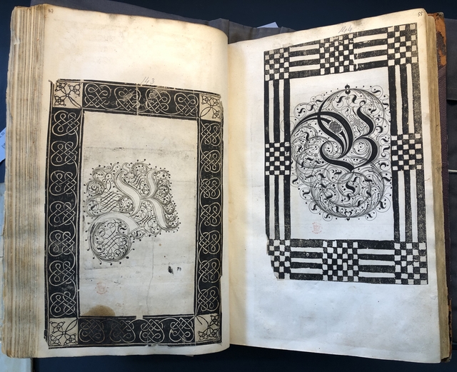 Photograph of calligraphic designs pasted into an album assembled by John Bagford