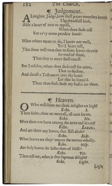 Photograph showing the typesetting of the poem "Judgement" in the first printed edition of George Herbert, *The Temple* (1633)