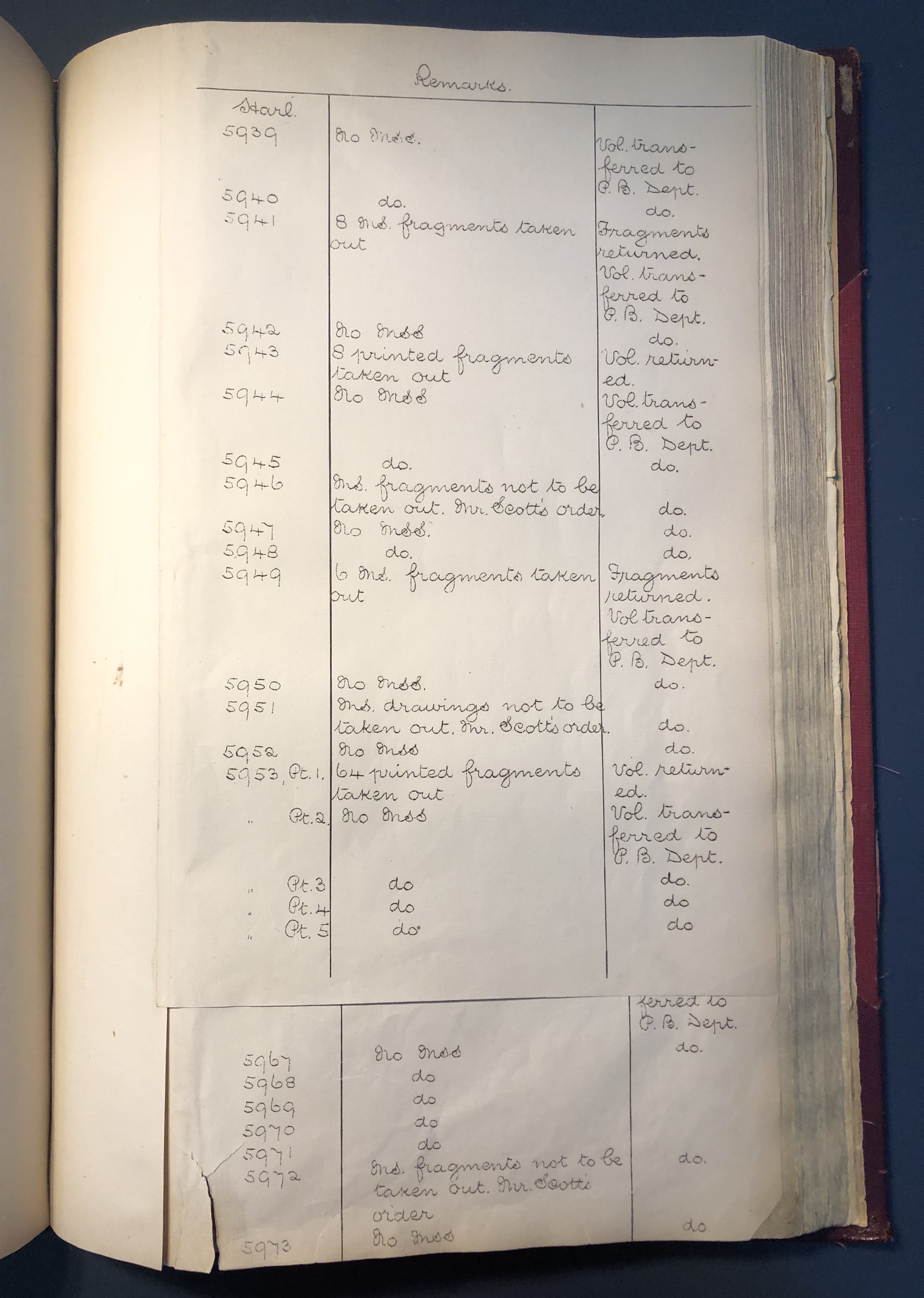 Photograph of a page inserted in the reading room copy of the catalogue of Harley manuscripts (1808), listing fragments removed