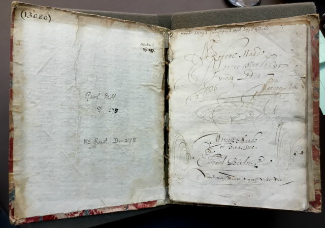 A florid doodle of Edward Benlowes’s name around several copies of the phrase, “morere mundo ut vivas deo,” in Benlowes’s hand.