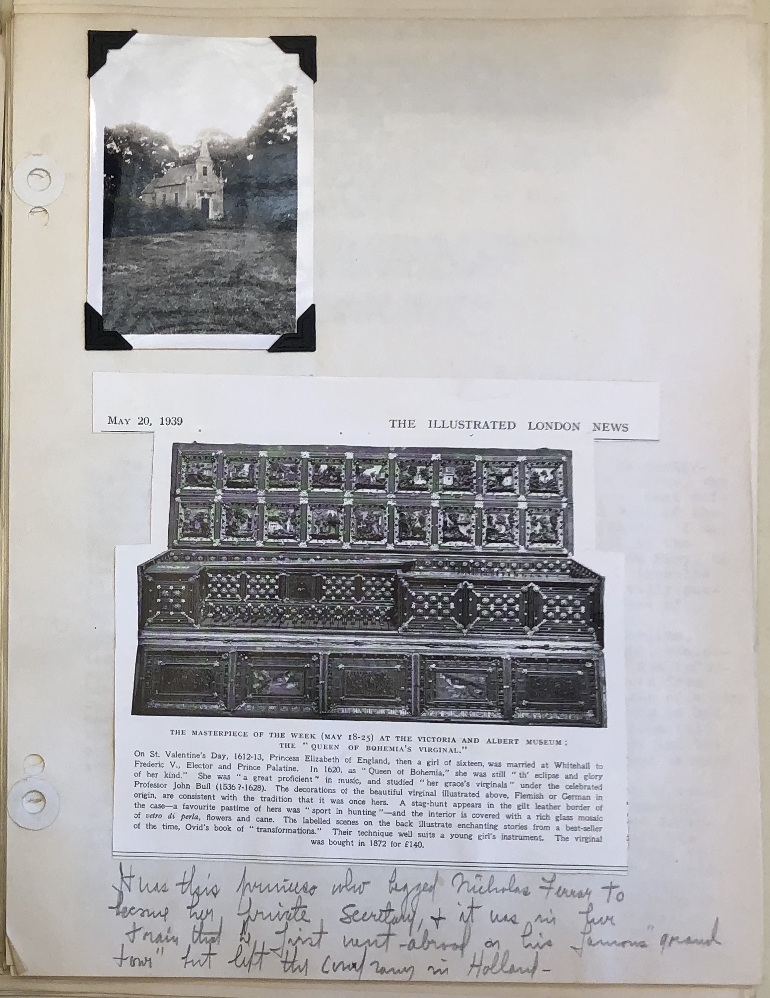Photograph of photographs related to Little Gidding in Fanny Reed Hammond's scrapbooks