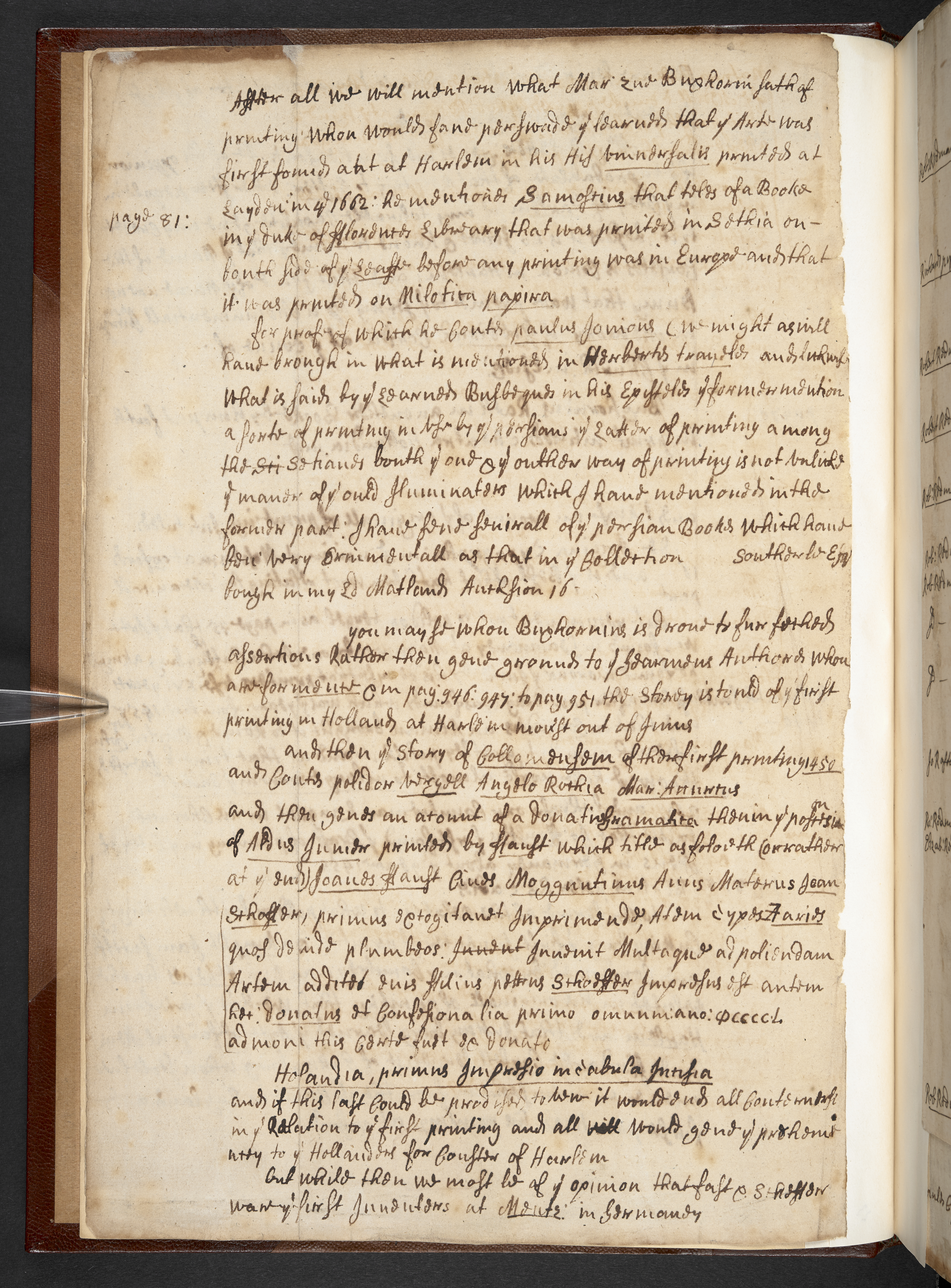 Photograph of John Bagford's handwritten notes, showing how he copied passages from other books