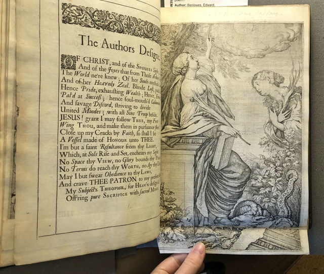 Photograph of a page opening showing Theophila stomping the serpent opposite “The Authors Designe” in *Theophila* (1652)