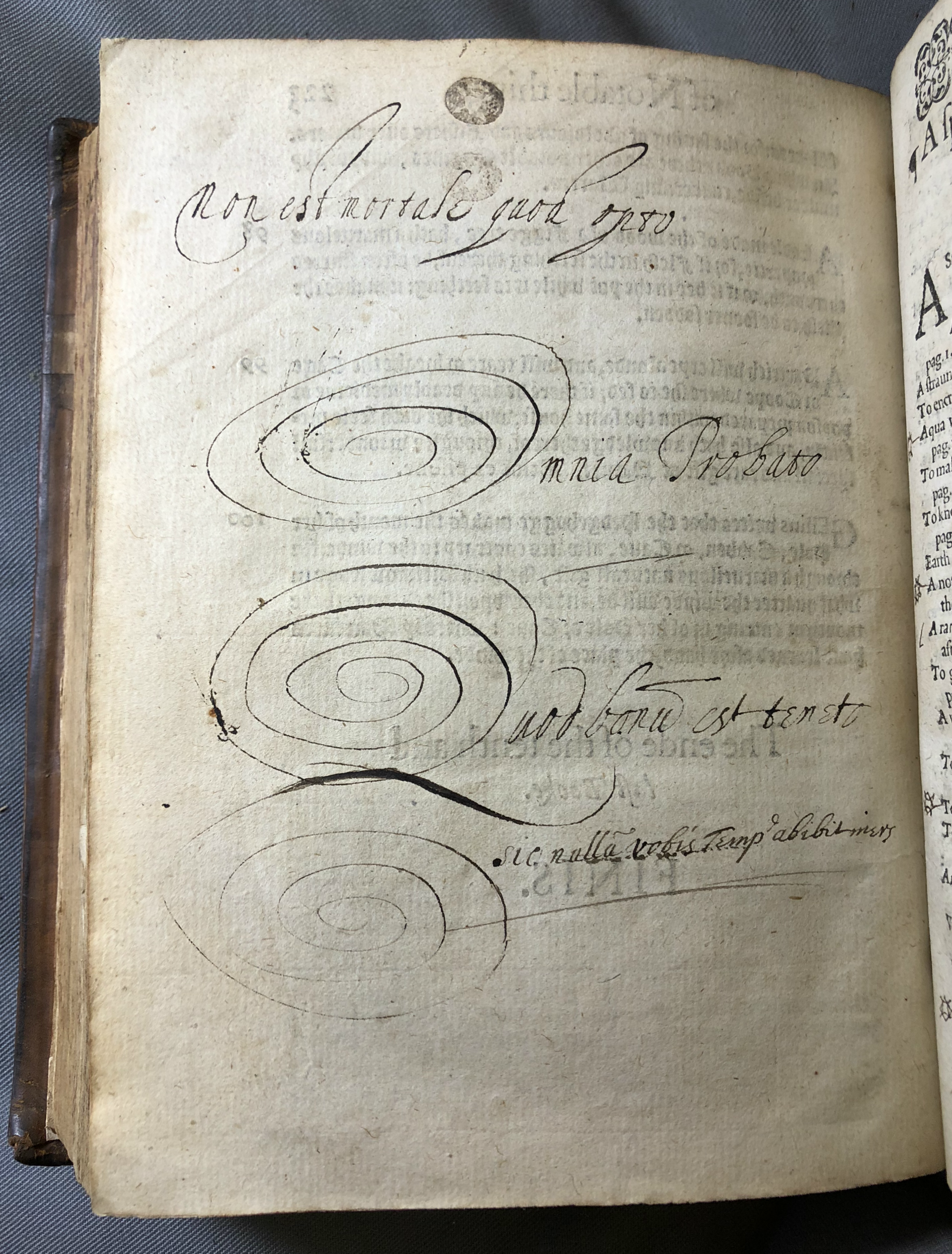 Photograph of Latin inscriptions written by Benlowes on a blank page of a book.