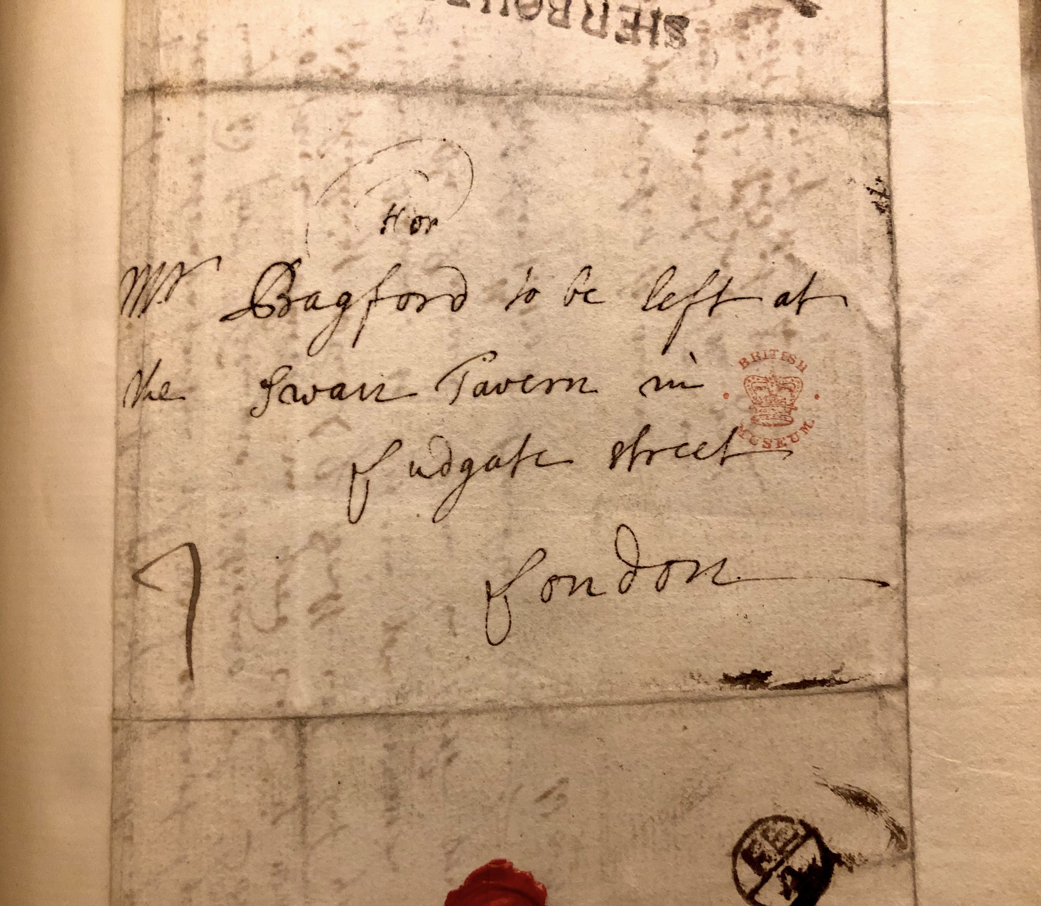 Photograph of the superscription on a letter addressed to John Bagford at the Swan Tavern