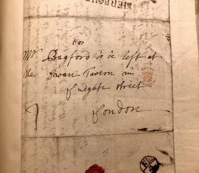 Photograph of the superscription on a letter addressed to John Bagford at the Swan Tavern