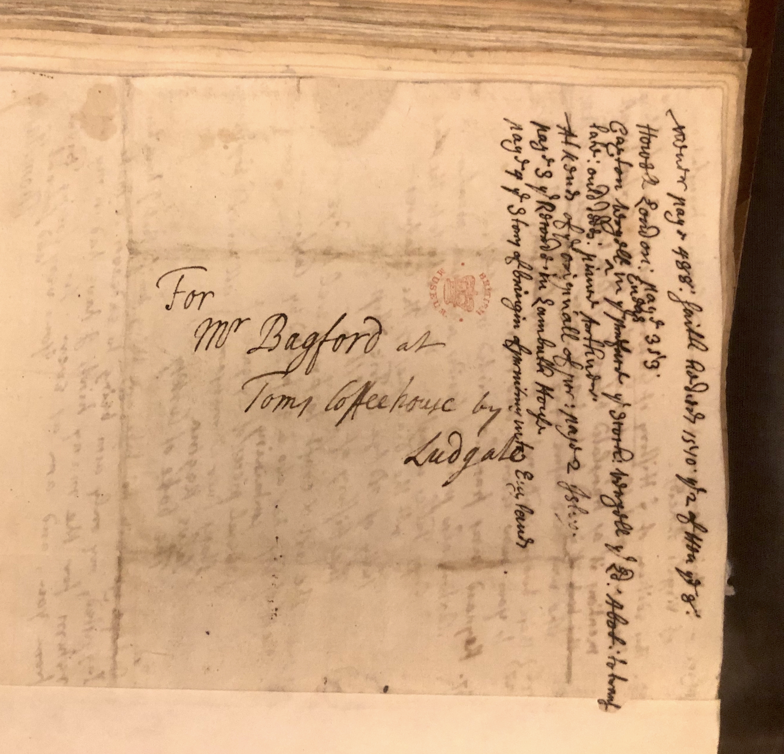 Photograph of a letter sent to John Bagford at Tom's Coffeehouse