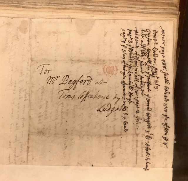 Photograph of a letter sent to John Bagford at Tom's Coffeehouse