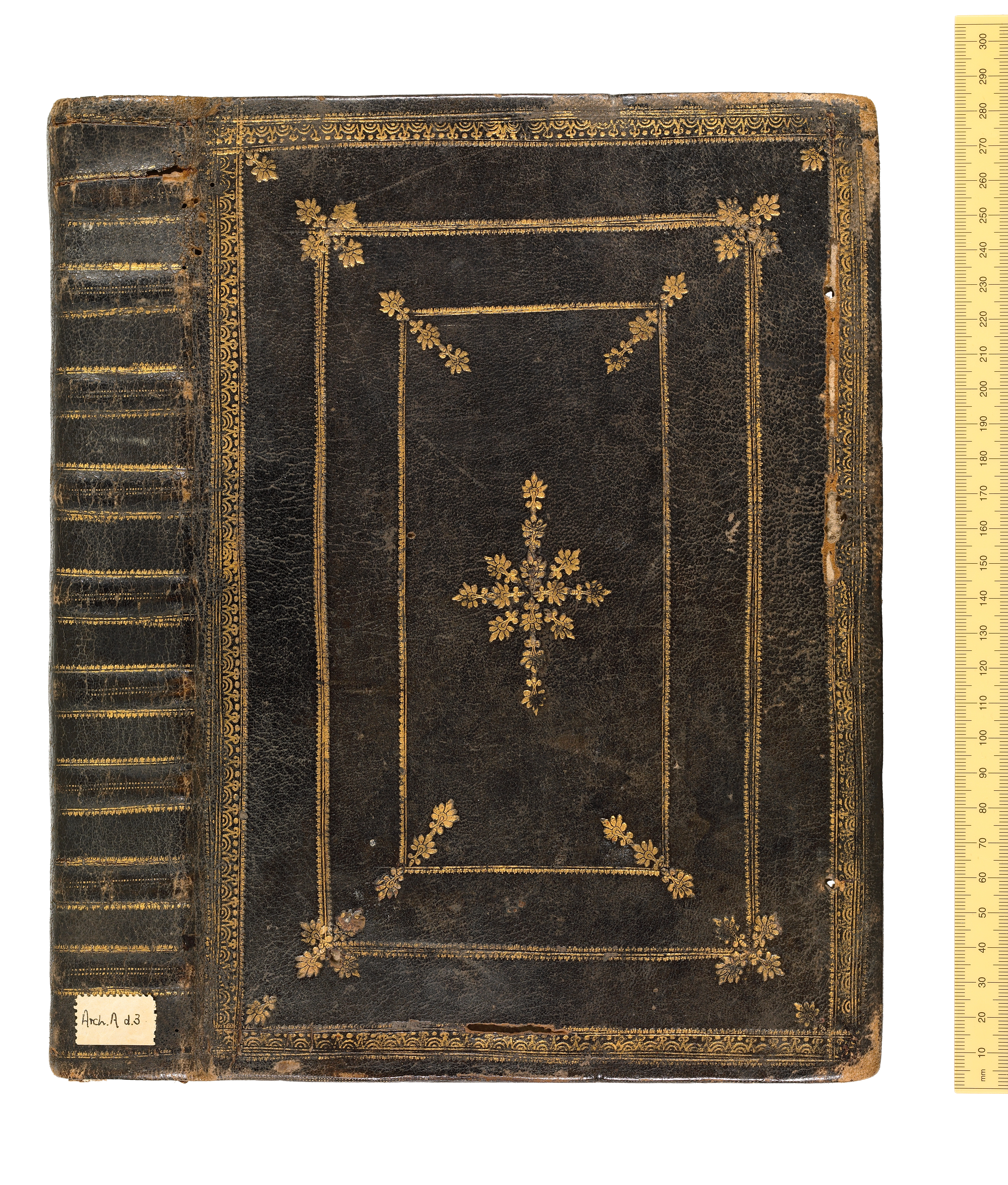 Photograph of a gold-tooled black goatskin binding made at Little Gidding