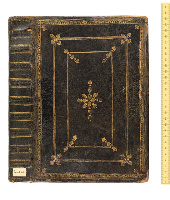 Photograph of a gold-tooled black goatskin binding made at Little Gidding