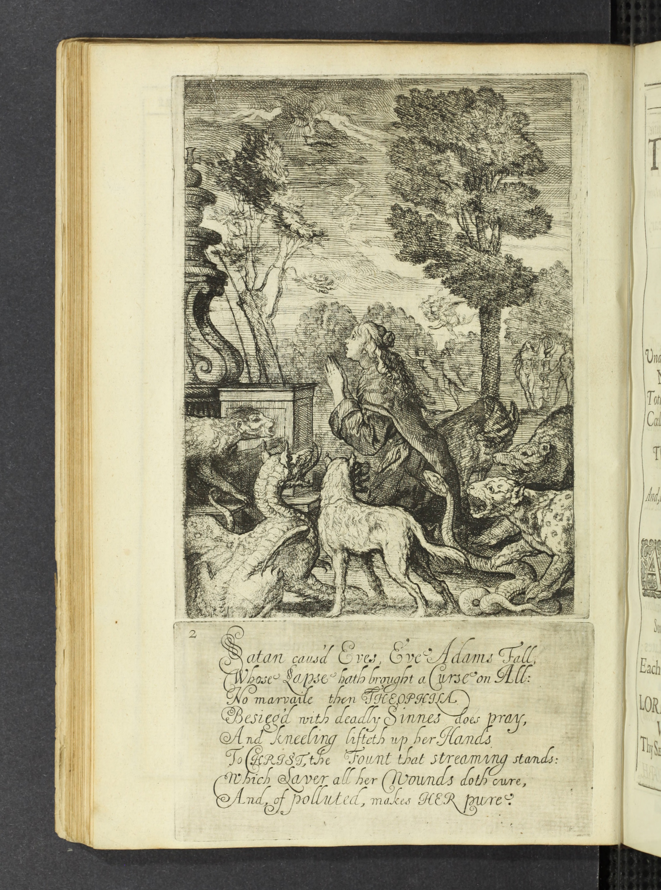 Photograph of etching for Canto 2, showing Theophila praying surrounded by beast representing sin.