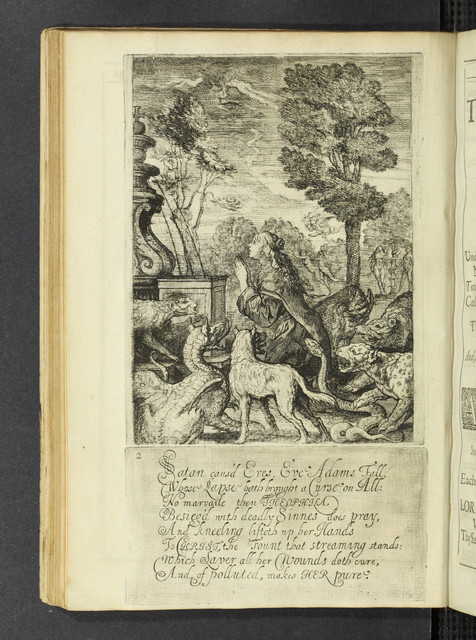 Photograph of etching for Canto 2, showing Theophila praying surrounded by beast representing sin.