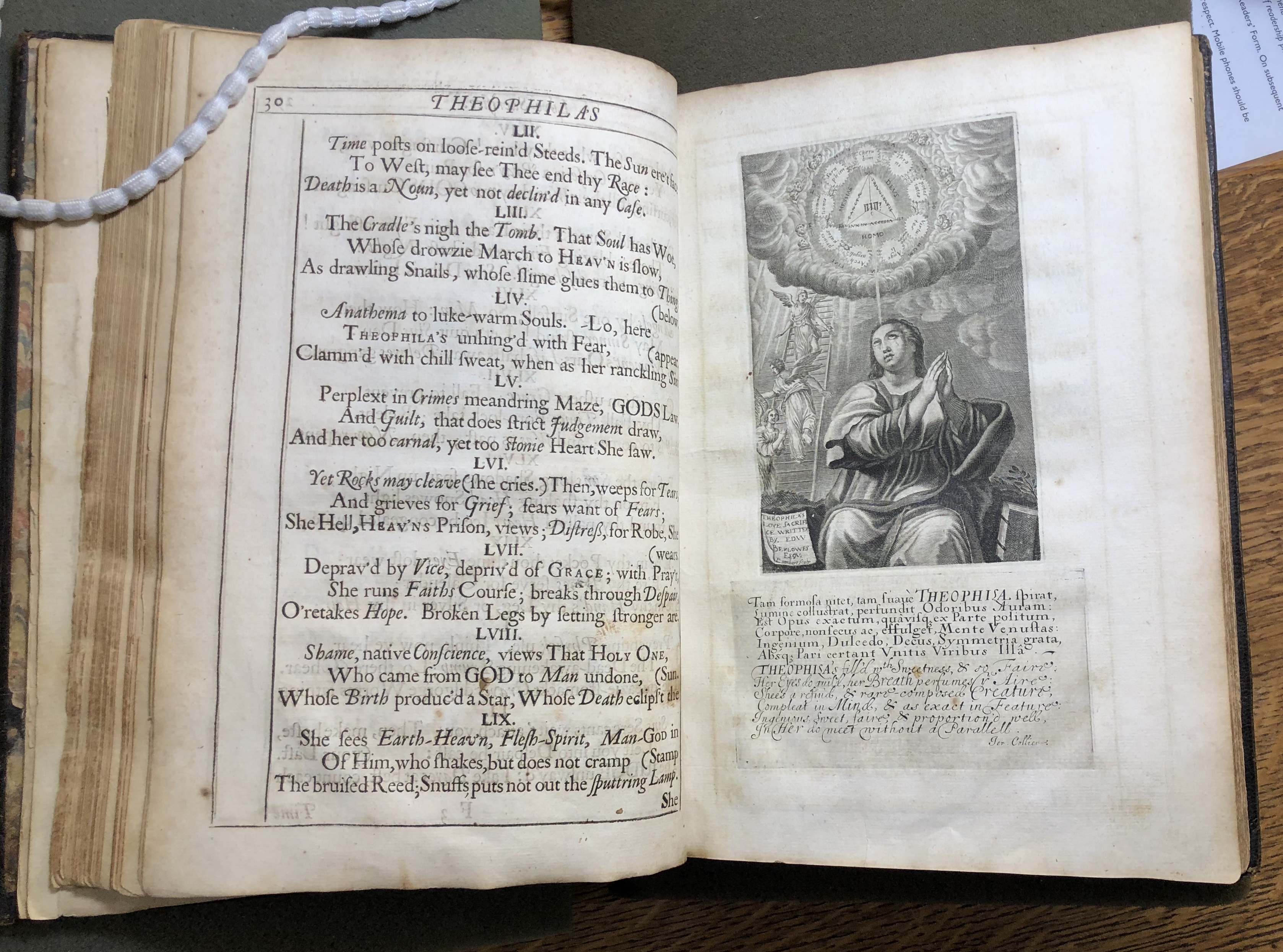 Photograph of a page opening in Benlowes’s gift copy of Theophila to St. John’s College Library.