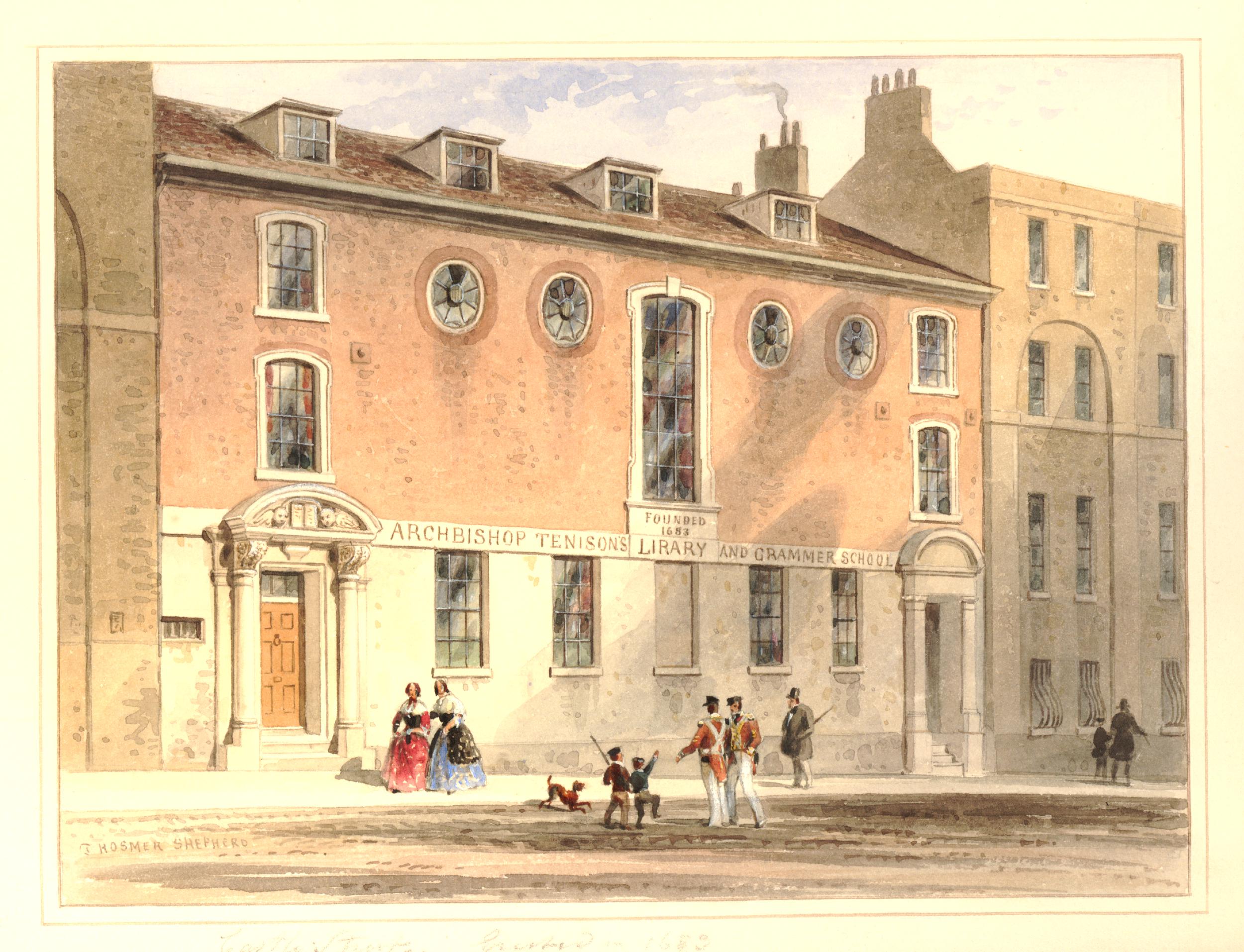 Image of a watercolor showing Tenison's Library in 1850