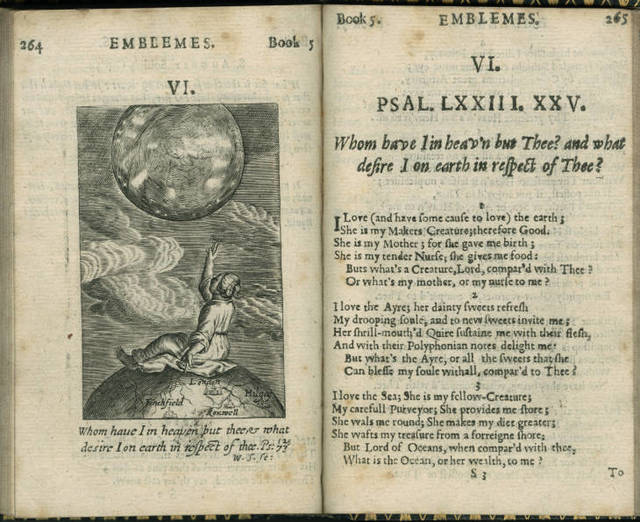 Full page opening from Francis Quarles’s Emblemes showing the engraved emblem on the verso and the first half of the poem on the recto.