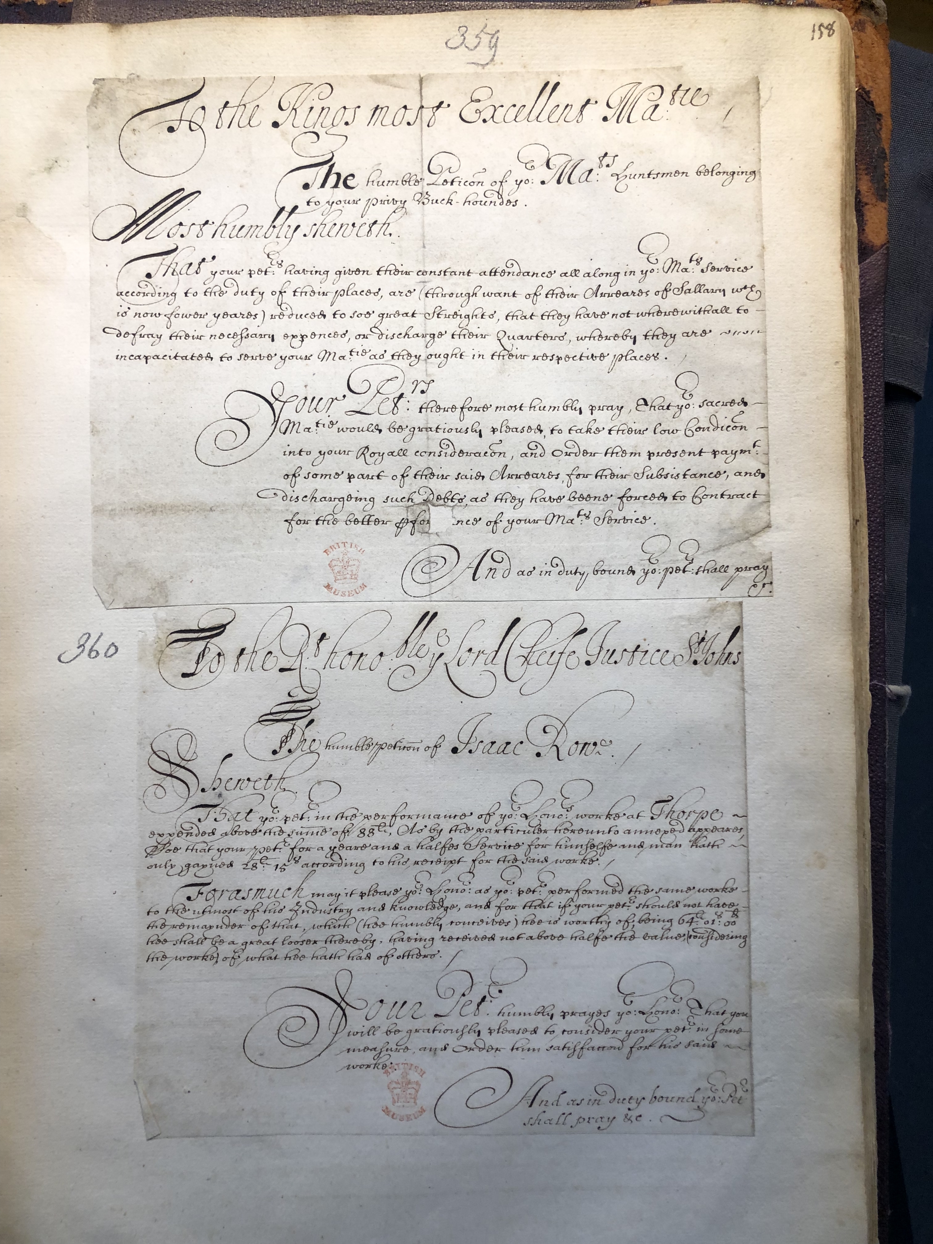 Photograph of petitions pasted into an album assembled by John Bagford