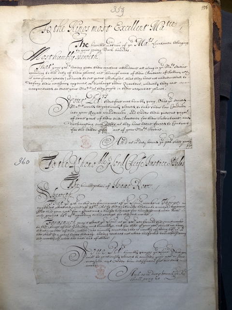 Photograph of petitions pasted into an album assembled by John Bagford