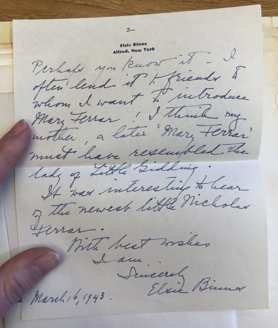 Photograph of a letter from Elsie Binns in Fanny Reed Hammond's scrapbooks