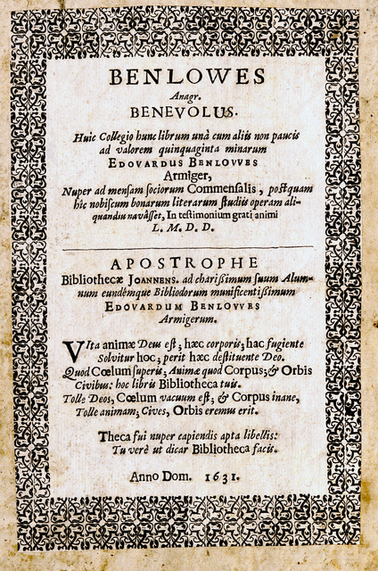 Image of a large printed bookplate celebrating Edward Benlowes’s 1631 donation of books to St John’s College Library.