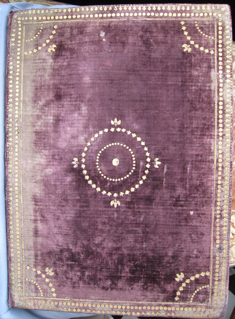 Photograph of a velvet purple binding made at Little Gidding